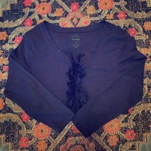 Navy Blue Long Sleeved Top With Ruffle, Size L